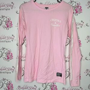 Crooks & castles long sleeve top pink white logo on arms striped rare retro cute